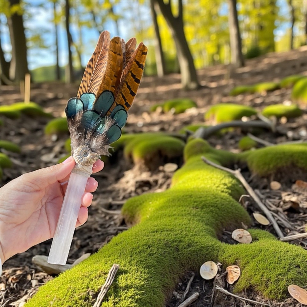 Handcrafted Feather and Selenite Wand Spiritual Tool